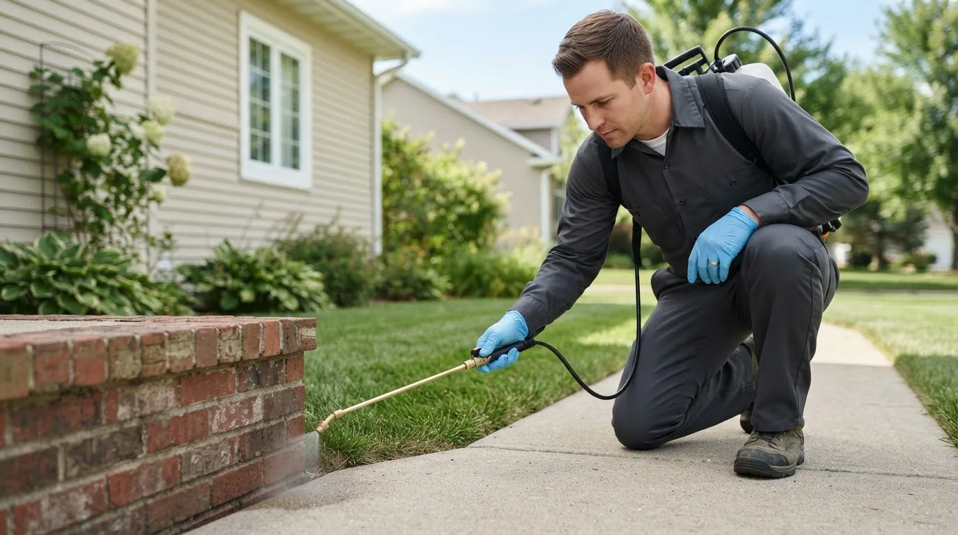 Pest control technician treating a home near Sherwood, ND